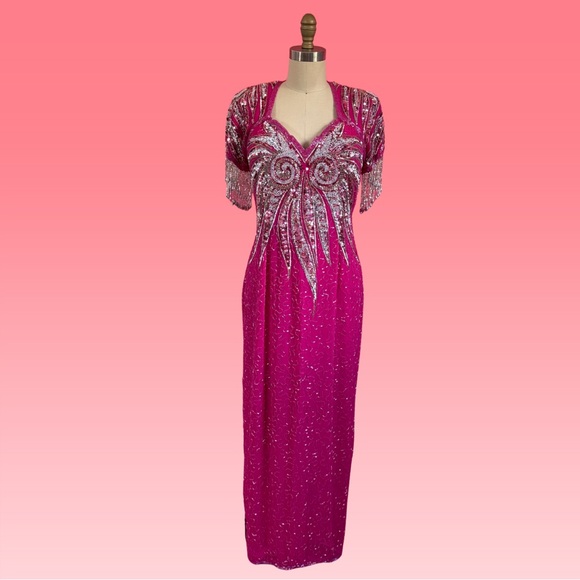 Vintage 80s/90s HOT Pink Sequin Bead Pink Flame Fringe Maximalist Statement Gown - Picture 1 of 17